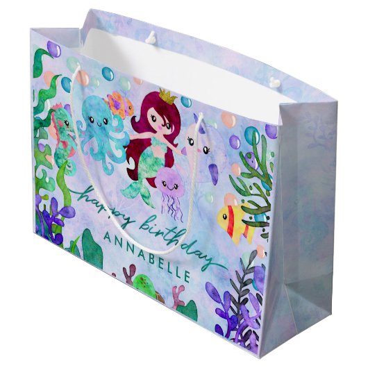 Cute Ocean Animals Mermaid Theme Happy Birthday Large Cadeautasje (Achterkant Gekanteld)