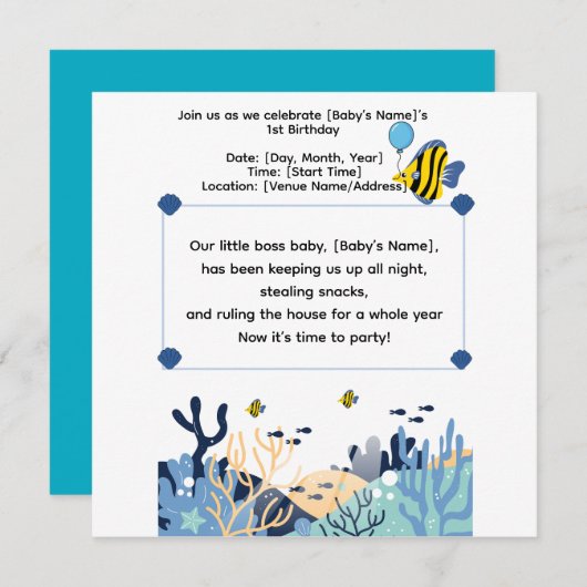 Cute Ocean First Birthday Celebration Invitation (Devant / Derrière)