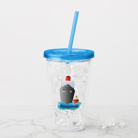 Cute oceanische lijnboot tug cartoon illustratie acryl drinkbeker (Achterkant ijs)