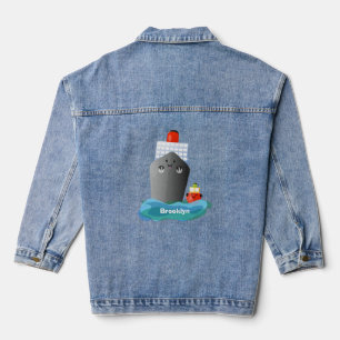 Cute oceanische lijnboot tug cartoon illustratie denim jacket