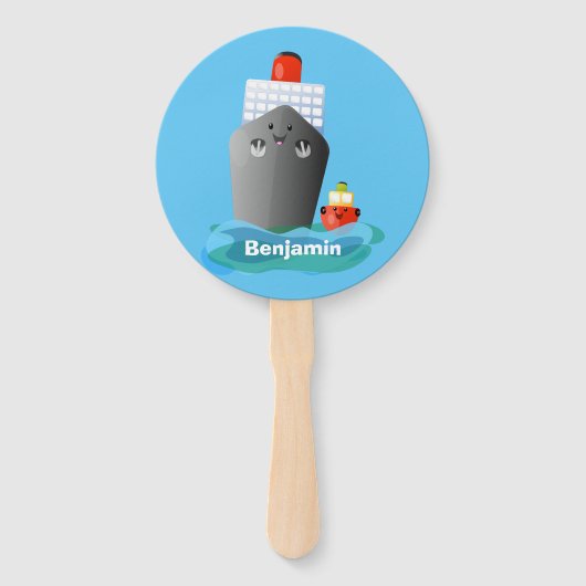 Cute oceanische lijnboot tug cartoon illustratie handwaaier (Voorkant)