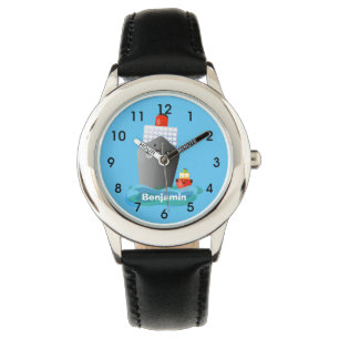 Cute oceanische lijnboot tug cartoon illustratie horloge