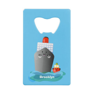 Cute oceanische lijnboot tug cartoon illustratie kredietkaart flessenopener