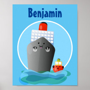 Cute oceanische lijnboot tug cartoon illustratie poster