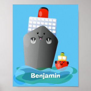 Cute oceanische lijnboot tug cartoon illustratie poster