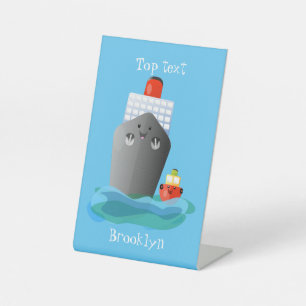 Cute oceanische lijnboot tug cartoon illustratie reclamebord met voetstuk