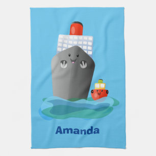 Cute oceanische lijnboot tug cartoon illustratie theedoek