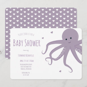 Cute Octopus Hart Paars Horizontaal Baby Shower Kaart