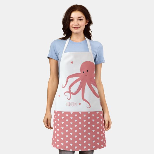 Cute Octopus Heart Pink Witte Naam Schort (Gedragen)
