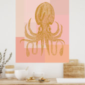 Cute Octopus Illustratie in roze en goud Poster (Keuken)