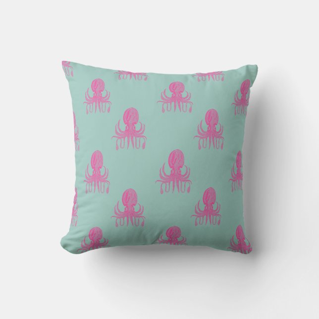 Cute Octopus Illustration Pattern Aqua and Fuchsia Kussen (Voorkant)