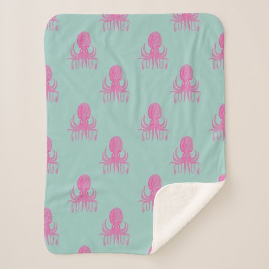 Cute Octopus Illustration Pattern Aqua and Fuchsia Sherpa Deken (Voorkant)