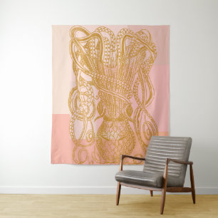 Cute Octopus Line Art Illustratie in Roze Wandkleed