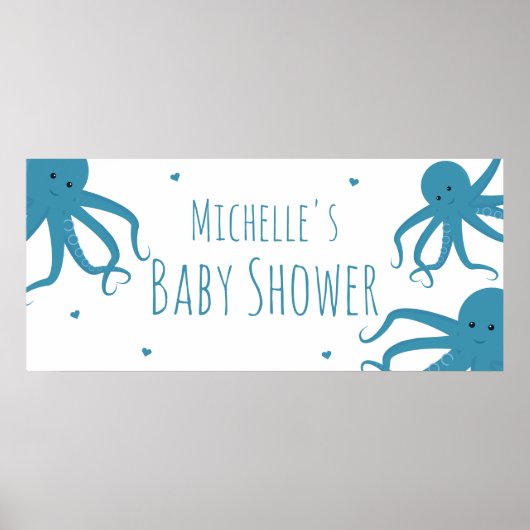 Cute Octopus Wide Blue Name Baby shower Poster (Voorkant)