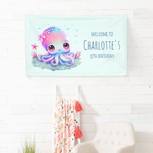 Cute Octopus Zee Creature Birthday Welkom Spandoek (Insitu)
