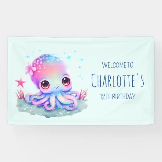 Cute Octopus Zee Creature Birthday Welkom Spandoek (Horizontaal)