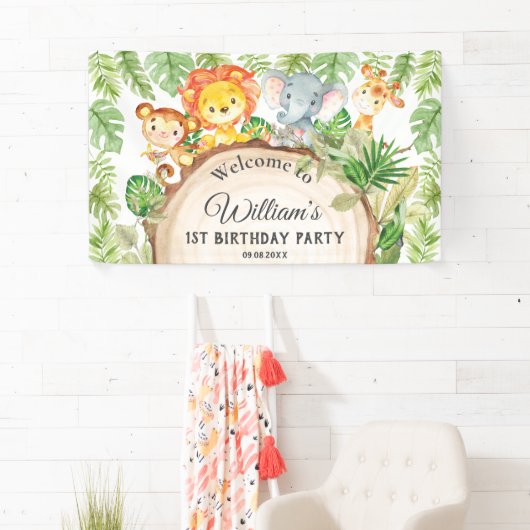 Cute Oerwoud Animals 1st Birthday Welkomstachtergr Spandoek
