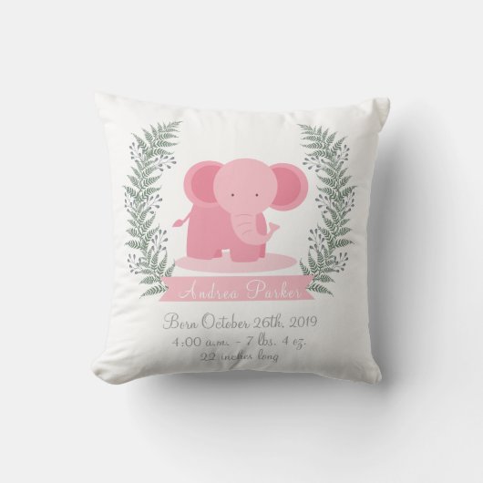 Cute Oerwoud Elephant Baby Girl Announge Pillow Kussen (Voorkant)