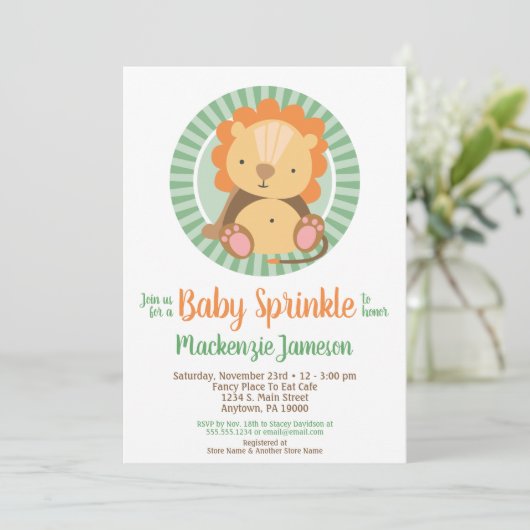 Cute Oerwoud Lion Baby Sprinkle Uitnodiging Neutra (Staand voorkant)