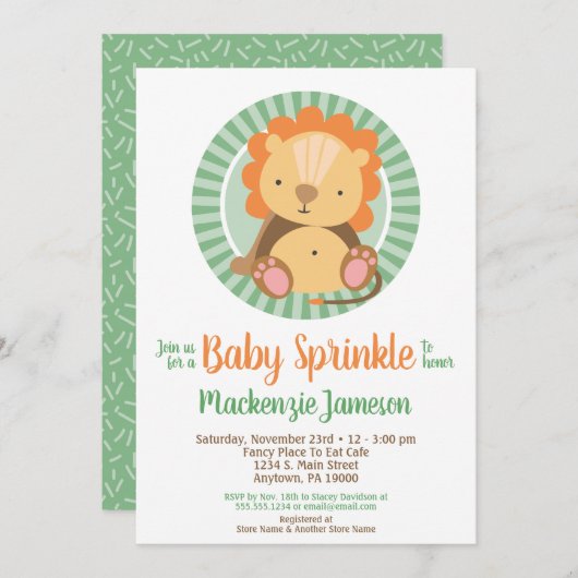 Cute Oerwoud Lion Baby Sprinkle Uitnodiging Neutra (Voorkant / Achterkant)