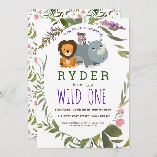 Cute Oerwoud Safari Animal 1st Birthday Party Kaart (Voorkant / Achterkant)