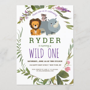 Cute Oerwoud Safari Animal 1st Birthday Party Kaart