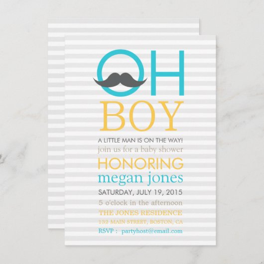 Cute Oh Garçon Mustache Baby Douche Invitations (Devant / Derrière)