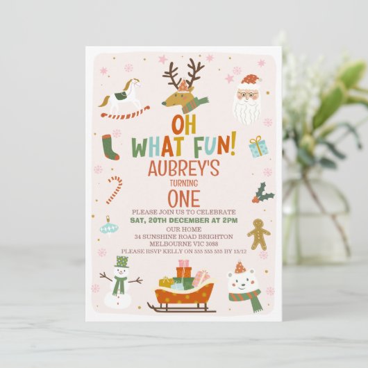 Cute Oh What Fun Noël 1er anniversaire Invitation (Debout devant)