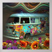 Cute old Combi van blauwe bloemen hippy time Poster (Voorkant)