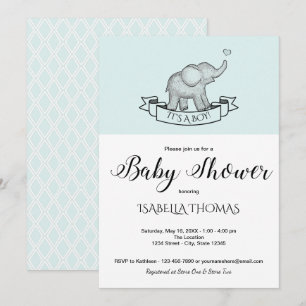 Cute Olifant Blauwe Baby Shower Uitnodiging