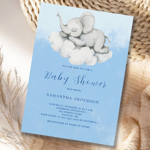Cute Olifant Blauwe Jongen Baby Shower Uitnodiging