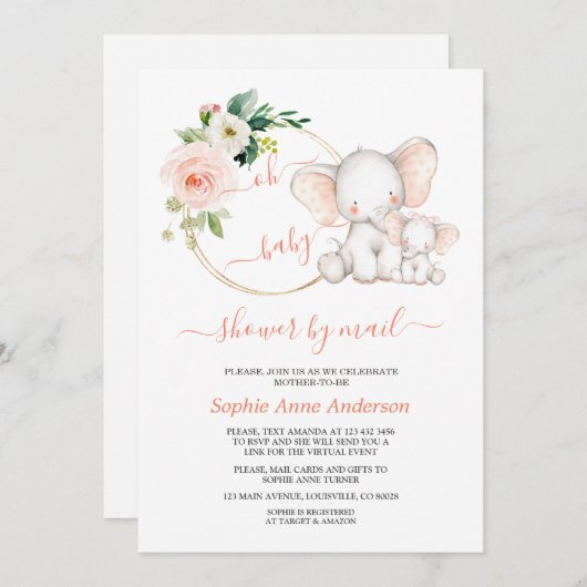 Cute Olifant Bloemige Virtuele Baby Shower Per Pos Kaart (Voorkant / Achterkant)