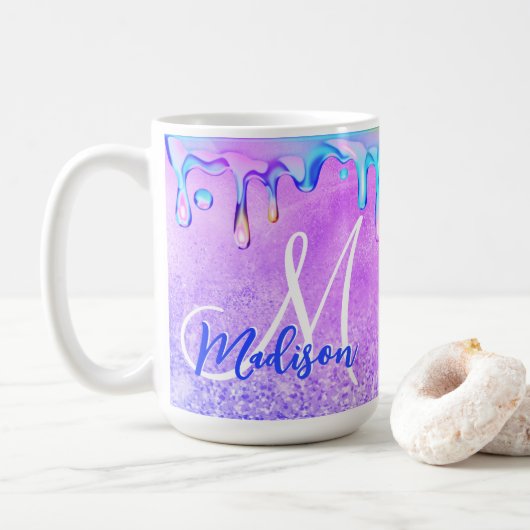 Cute ombre paars roze glitter unicorn monogram koffiemok (Met donut)