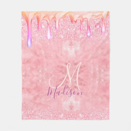 Cute ombre roos gold faux glitter dript monogram fleece deken (Voorkant)