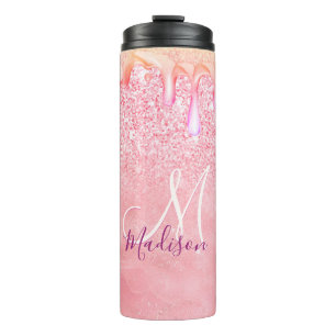 Cute ombre roos gold faux glitter dript monogram thermosbeker