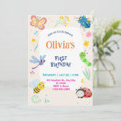 Cute One Bug & Butterflies 1st Birthday Invitation Kaart (Staand voorkant)