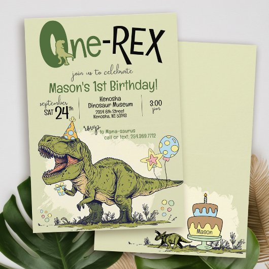 Cute One-Rex Dinosaur Cartoon 1st Birthday Party Kaart