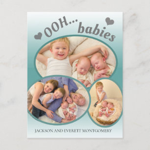 Cute Ooh Babies Twin Foto Teal Geboorteaankondigin Aankondigingskaart