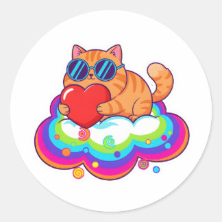 Cute Orange Cat Holding Red Heart on Rainbow Cloud Ronde Sticker