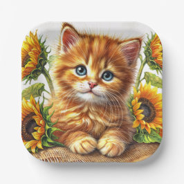 Cute Orange Kitten Among Sunflowers Papieren Bordje