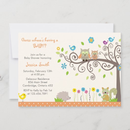 Cute Orange Owl Neutral Baby Shower Invitations (Devant)