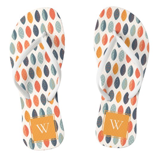 Cute Oranje Blue Leafy Botanical Monogram Patroon Teenslippers (Voetbed)