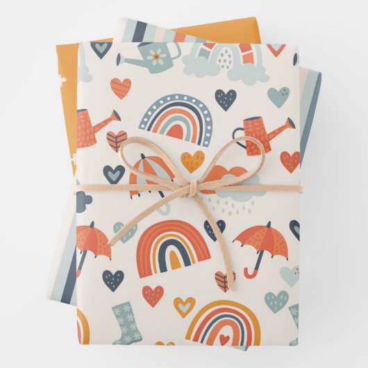 Cute Oranje Blue Spring Rainbow Clouds Pattern Inpakpapier Vel (In situ)