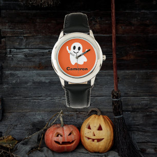 Cute Oranje Circle Smiling Halloween Ghost Horloge