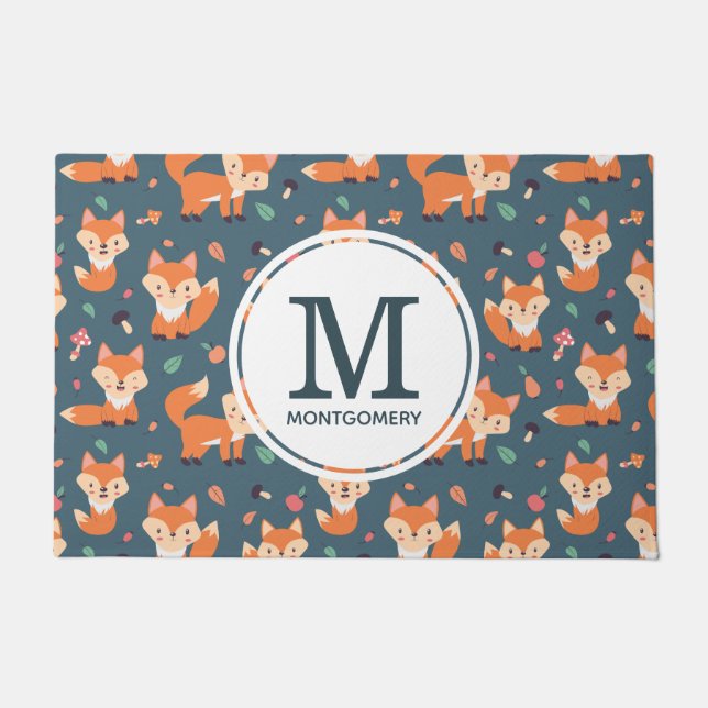 Cute Oranje Fox Animal Pattern Monogram Deurmat (Voorkant)