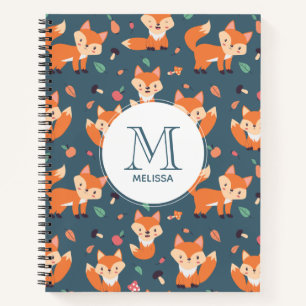 Cute Oranje Fox Animal Pattern Monogram Notitieboek