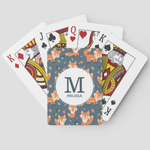 Cute Oranje Fox Animal Pattern Monogram Pokerkaarten