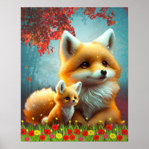 Cute Oranje Fox Mam en Baby Art Nursery Poster