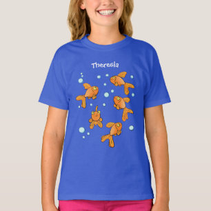 Cute oranje goudvis op blauwe cartoon illustratie t-shirt
