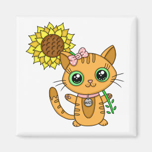Cute Oranje Kawaii Cat met zonnebloem Magneet